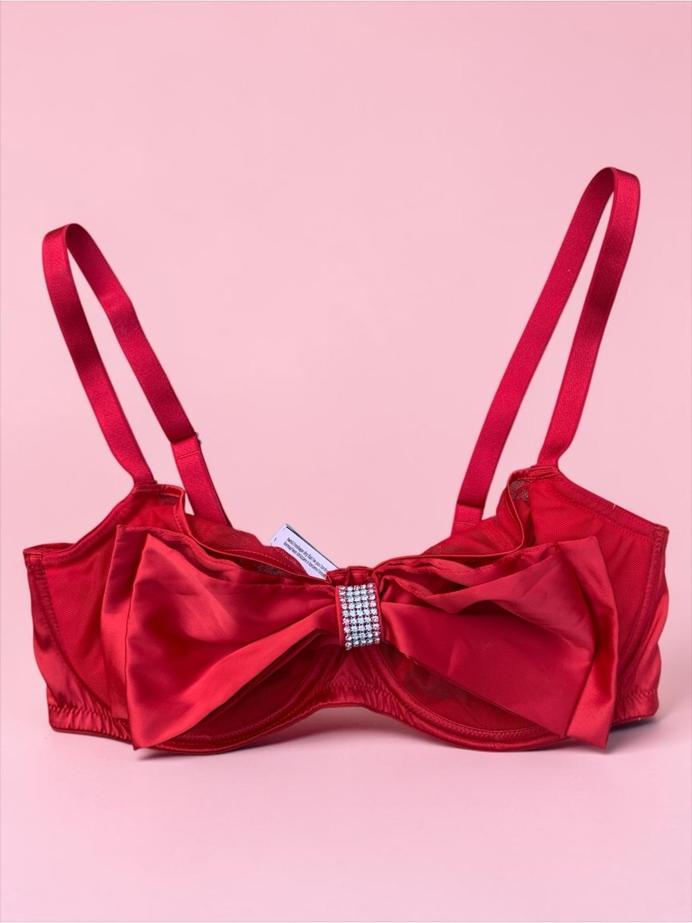 New Victoria's Secret Red Satin Bow Underwire Push Up Bra with Rhinestones 36DD